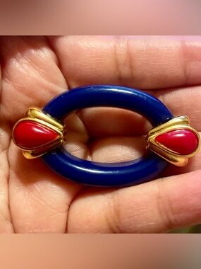 Gold-Tone Blue and Red Oval Brooch - Classic Statement Pin